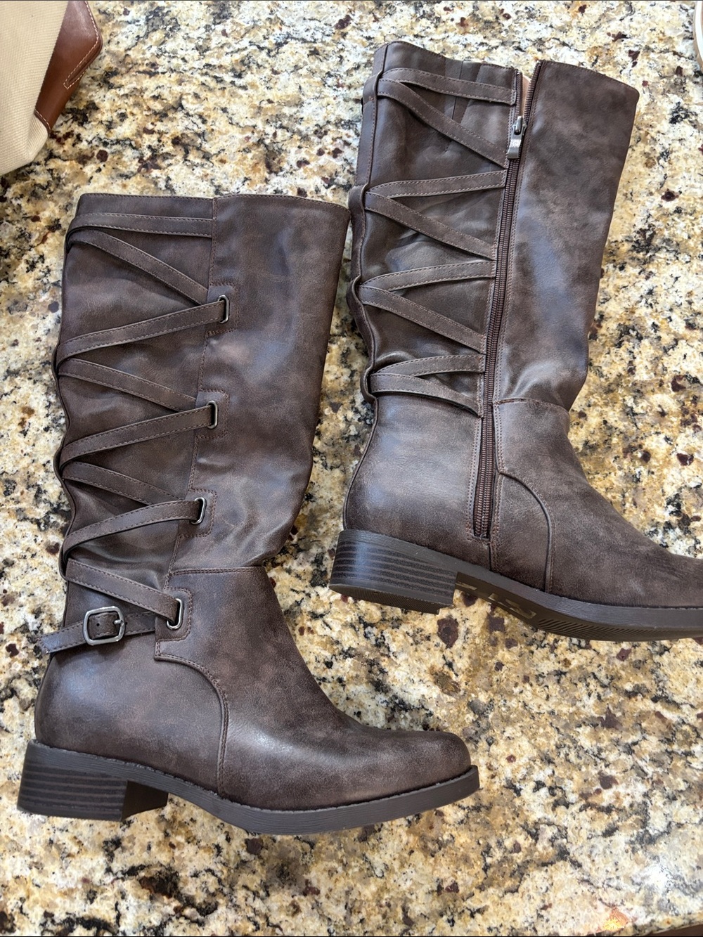 Women’s Buckle Lace-Up Knee-High Boots in Dark Brown